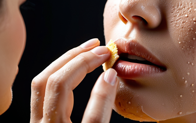 **Close-up of a woman applying foundation with a damp sponge, achieving a natural, even skin tone. Focus on the texture of the skin and the flawless blend. Soft, diffused lighting to showcase a healthy glow.**