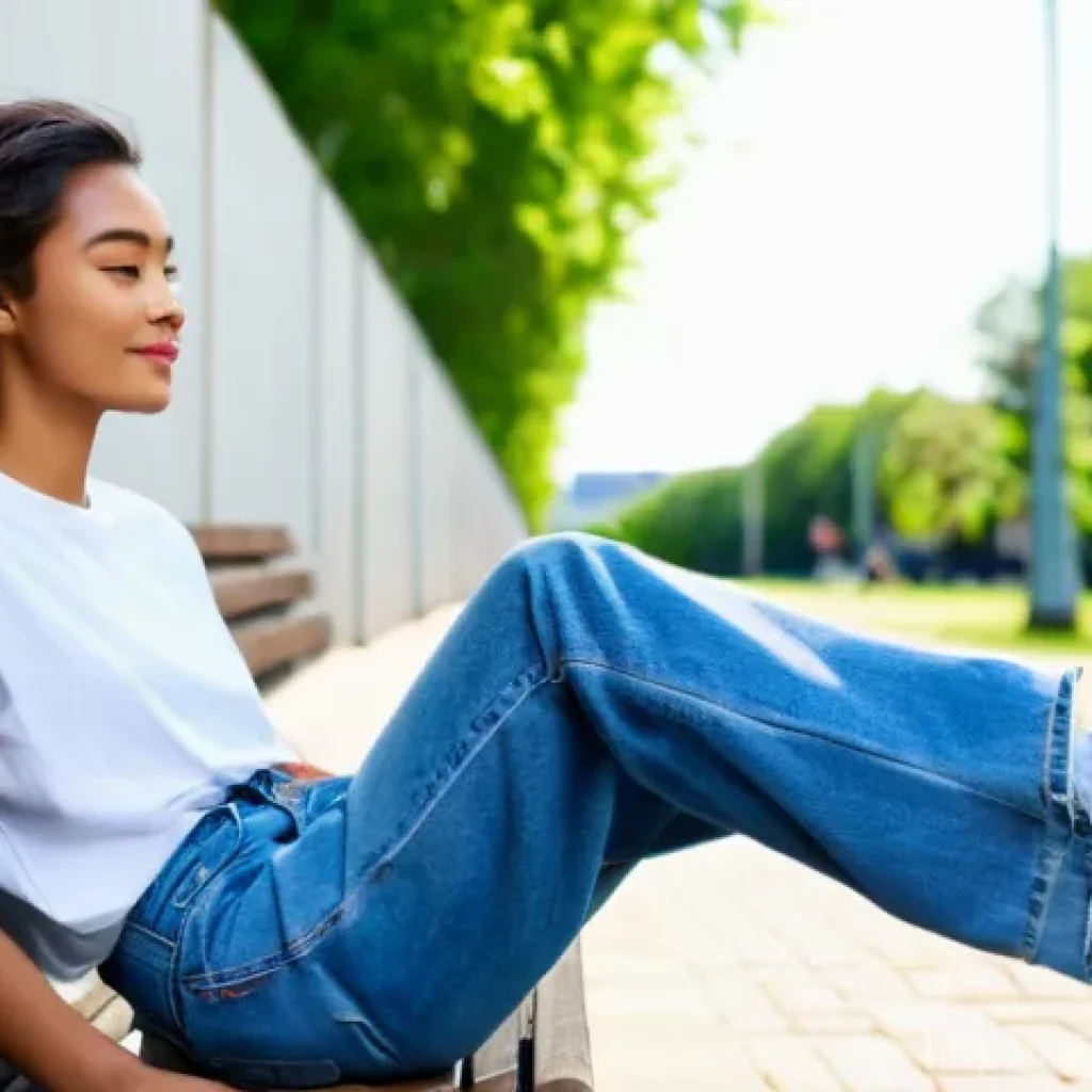리바이스와 리 와이드는 데님 스타일 - **Prompt:** A young woman, in her early 20s, with a relaxed and confident expression, enjoying a sun...
